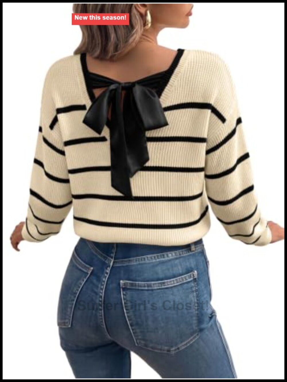 Striped V-Neck Long Sleeve Bow Back Pullover Sweater